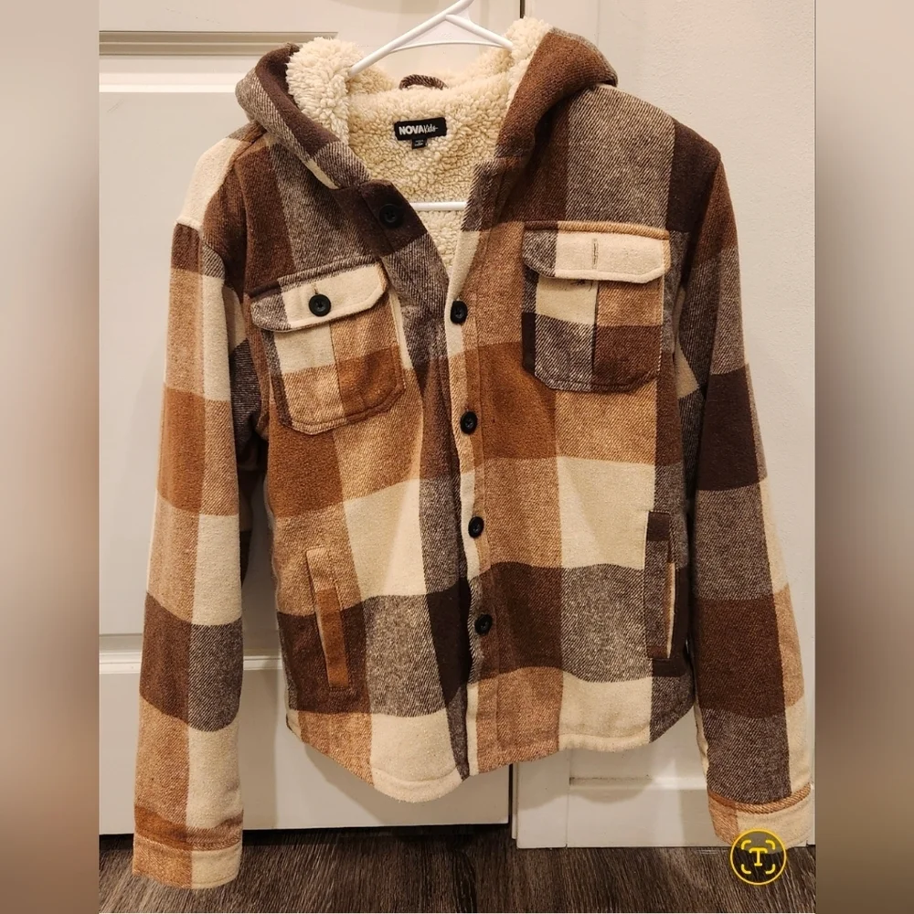 Nova Kids Sherpa Lined Plaid Jacket Hooded Shacket Size 18/20